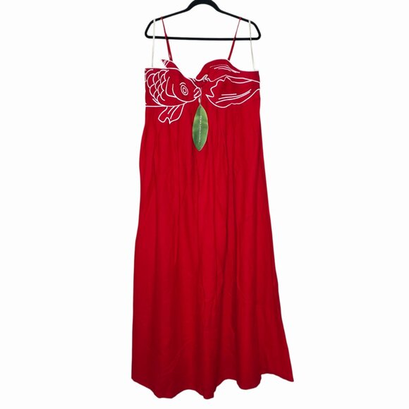 Farm Rio Koi Maxi Dress‎ Red Fish Top Linen Size XL NWT - Picture 4 of 16
